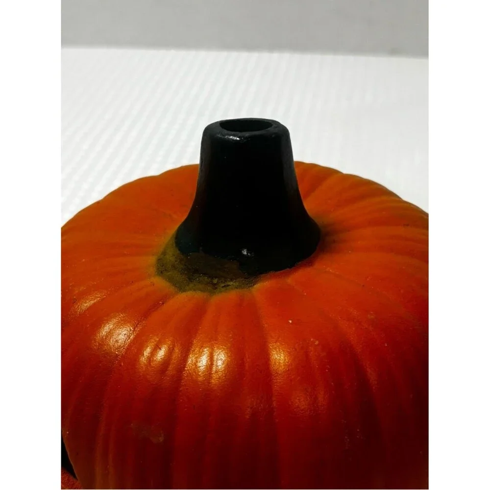 VTG Terracotta Hand Painted Jack O' Lantern Clay Pumpkin Halloween Luminary Duo